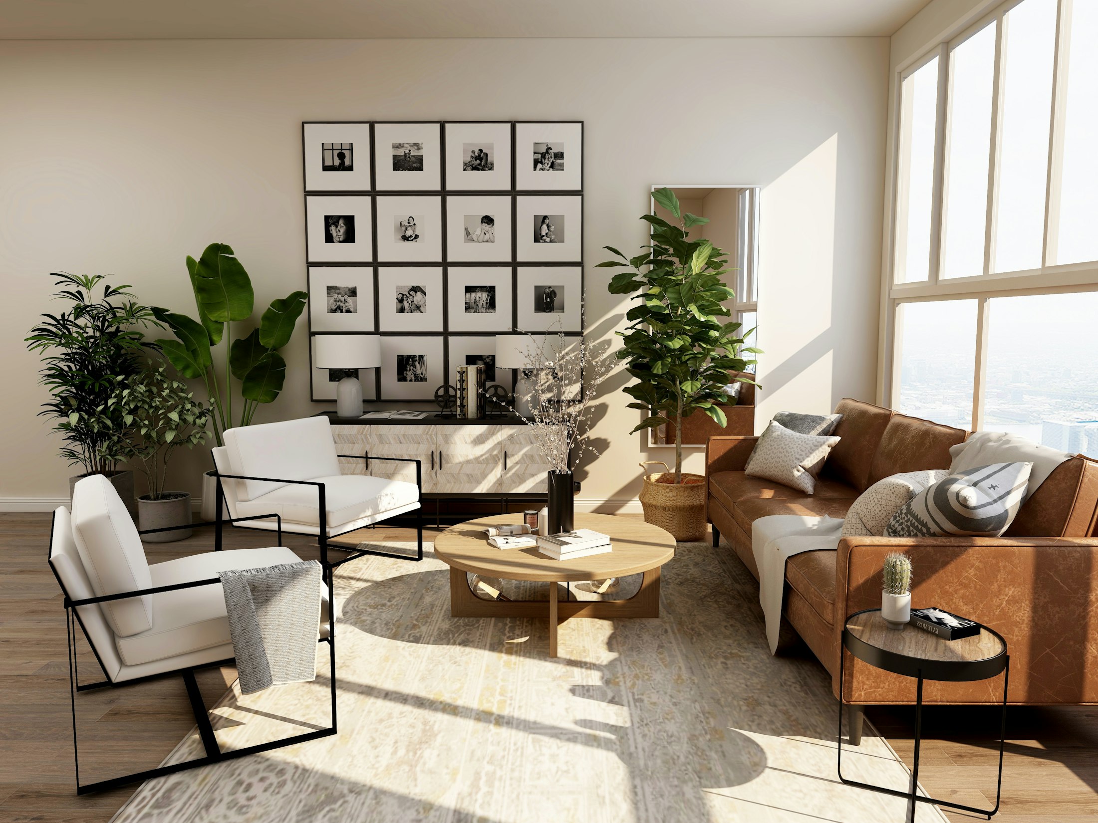 Bright loft interior with a gallery wall and plants, photographed full-bleed